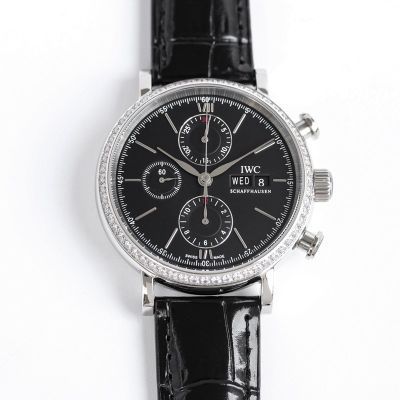 IWC annual calendar replica Portofino 42*13.5mm Dandong 7750 Movement Diamond Bezel Calfskin Leather Strap Men Watch